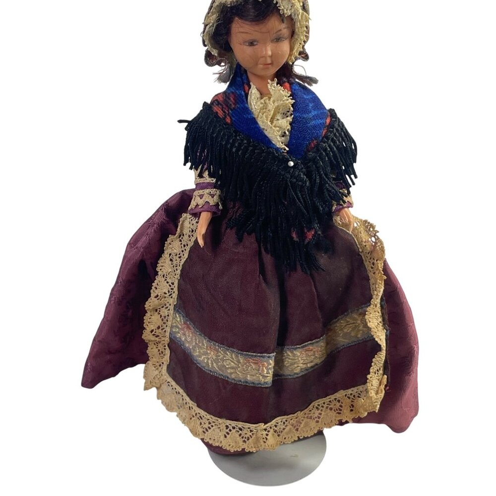 Vintage Handcrafted Folk Doll In Traditional Lace & Embroidered Dress With Stand